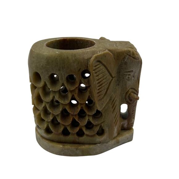 Vintage Carved Soapstone Elephant Votive Tea Light Candle Holder Made India - Picture 1 of 10
